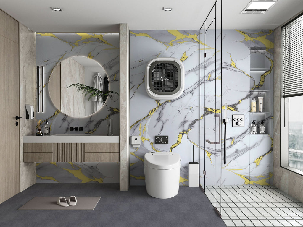 White Gold Luxe marble PVC wall panel with gold veins installed in modern bathroom, waterproof wall cladding