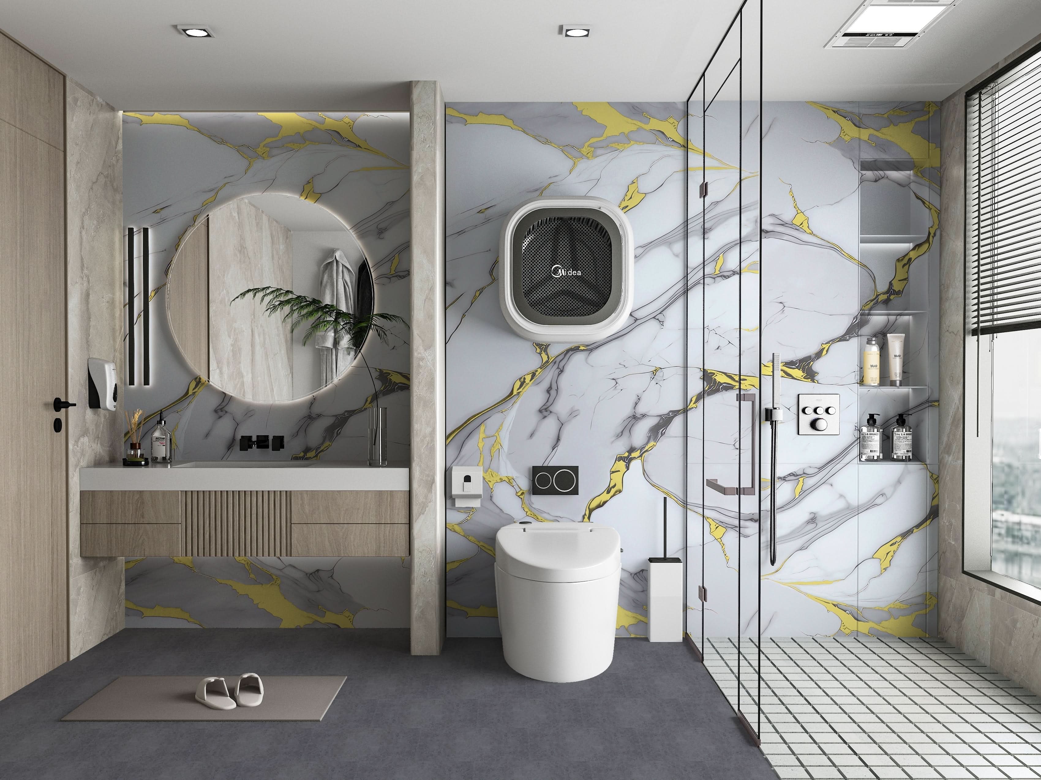 White Gold Luxe marble PVC wall panel with gold veins installed in modern bathroom, waterproof wall cladding