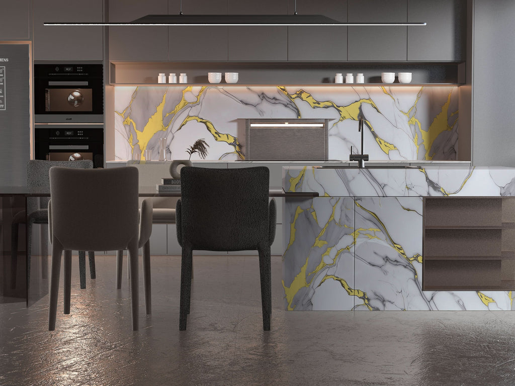 White Gold Luxe PVC marble wall panel with white base and bold gold veins, waterproof 4x8 luxury wall panel
