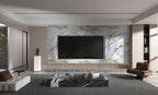 White Gold Luxe marble PVC wall panel installed on modern living room TV accent wall with gold veining