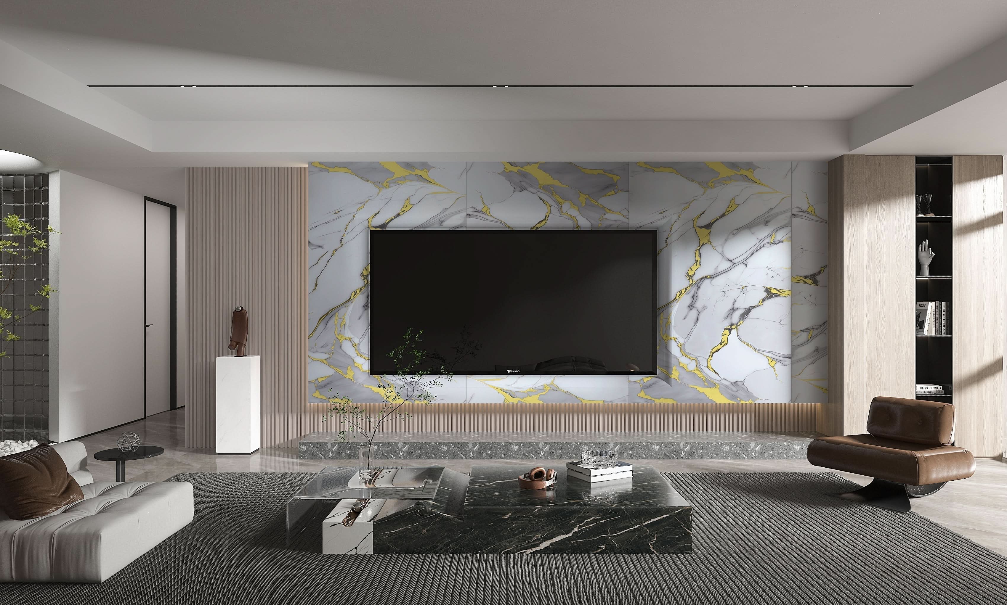 White Gold Luxe marble PVC wall panel installed on modern living room TV accent wall with gold veining