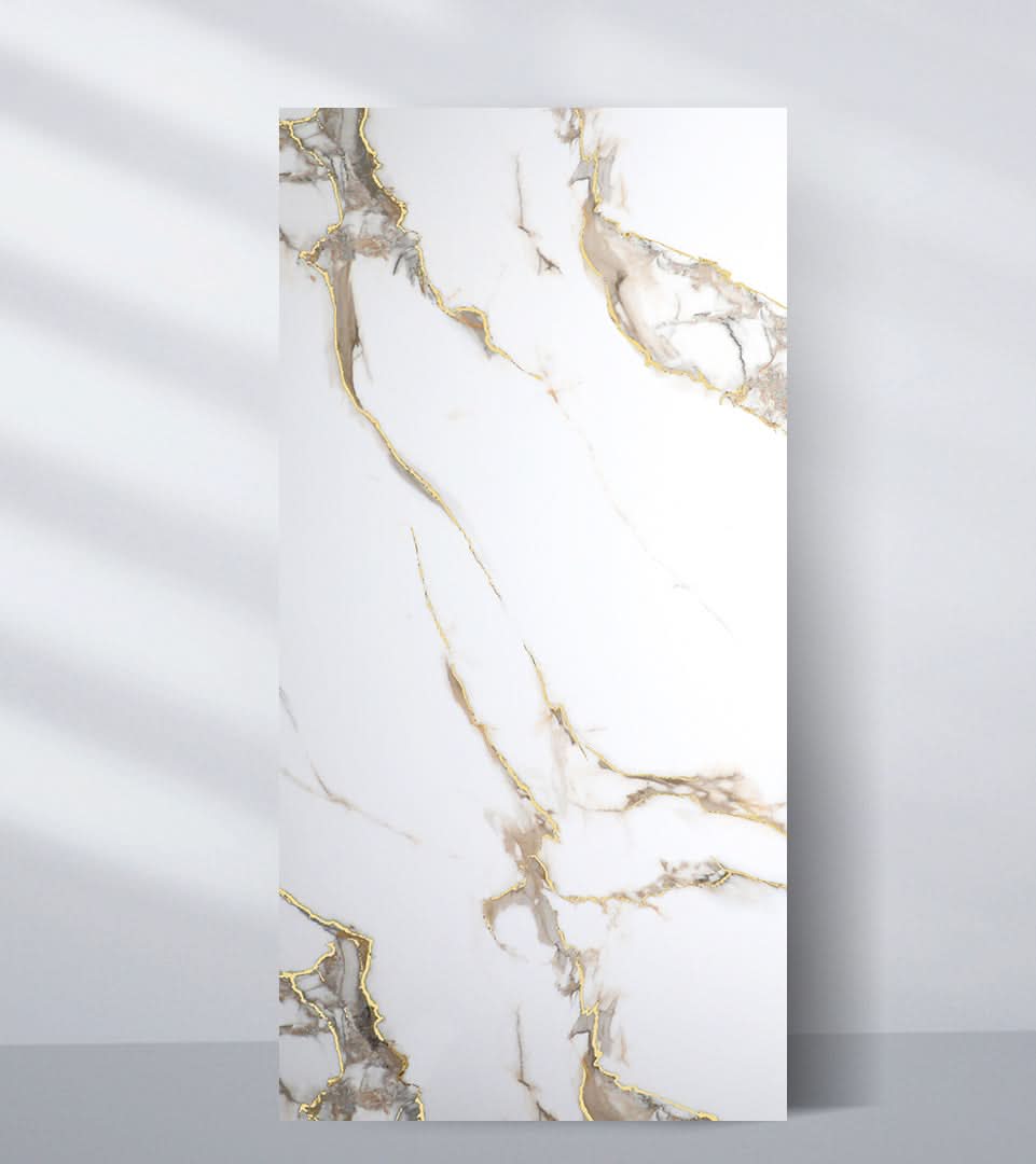 Calacatta Oro gold marble PVC wall panel with white base and elegant gold veining Main image