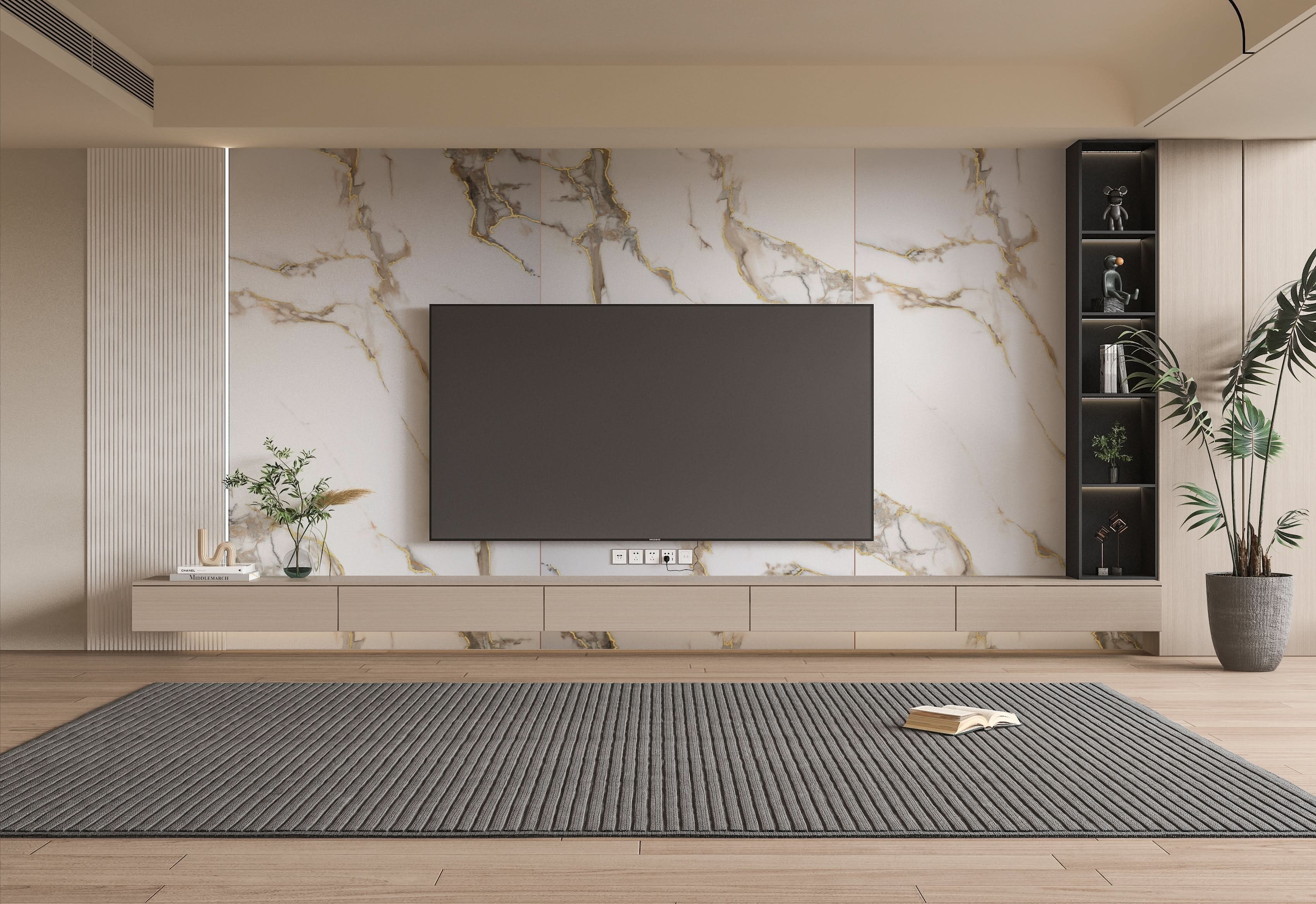 Living room TV wall with Calacatta Oro gold marble PVC wall panels