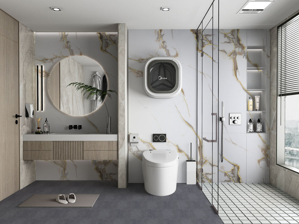 Bathroom with Calacatta Oro gold marble PVC wall panels and glass shower enclosure
