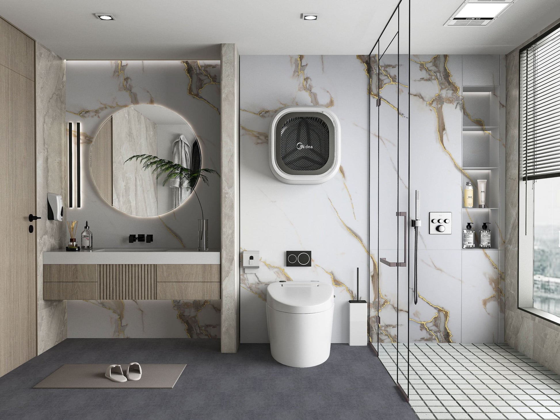 Bathroom with Calacatta Oro gold marble PVC wall panels and glass shower enclosure