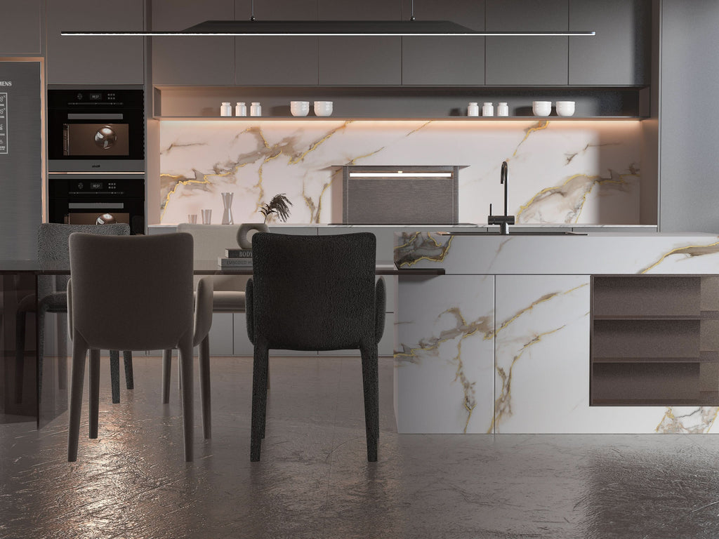 Kitchen with Calacatta Oro gold marble PVC wall panels and marble island cladding