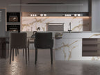 Kitchen with Calacatta Oro gold marble PVC wall panels and marble island cladding