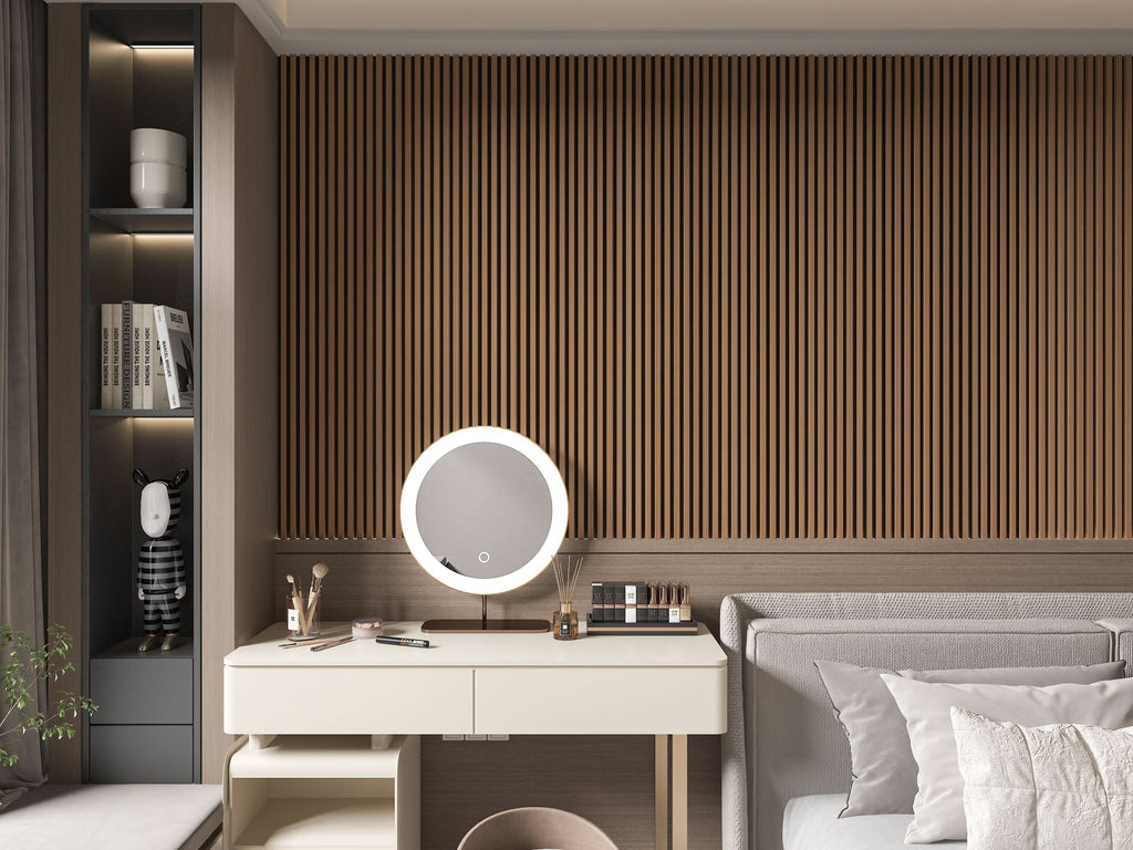 Maple Slate Black WPC fluted wall panel used as bedroom headboard accent wall