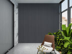 Silver Gray Metallic WPC fluted wall panel installed as modern interior accent wall