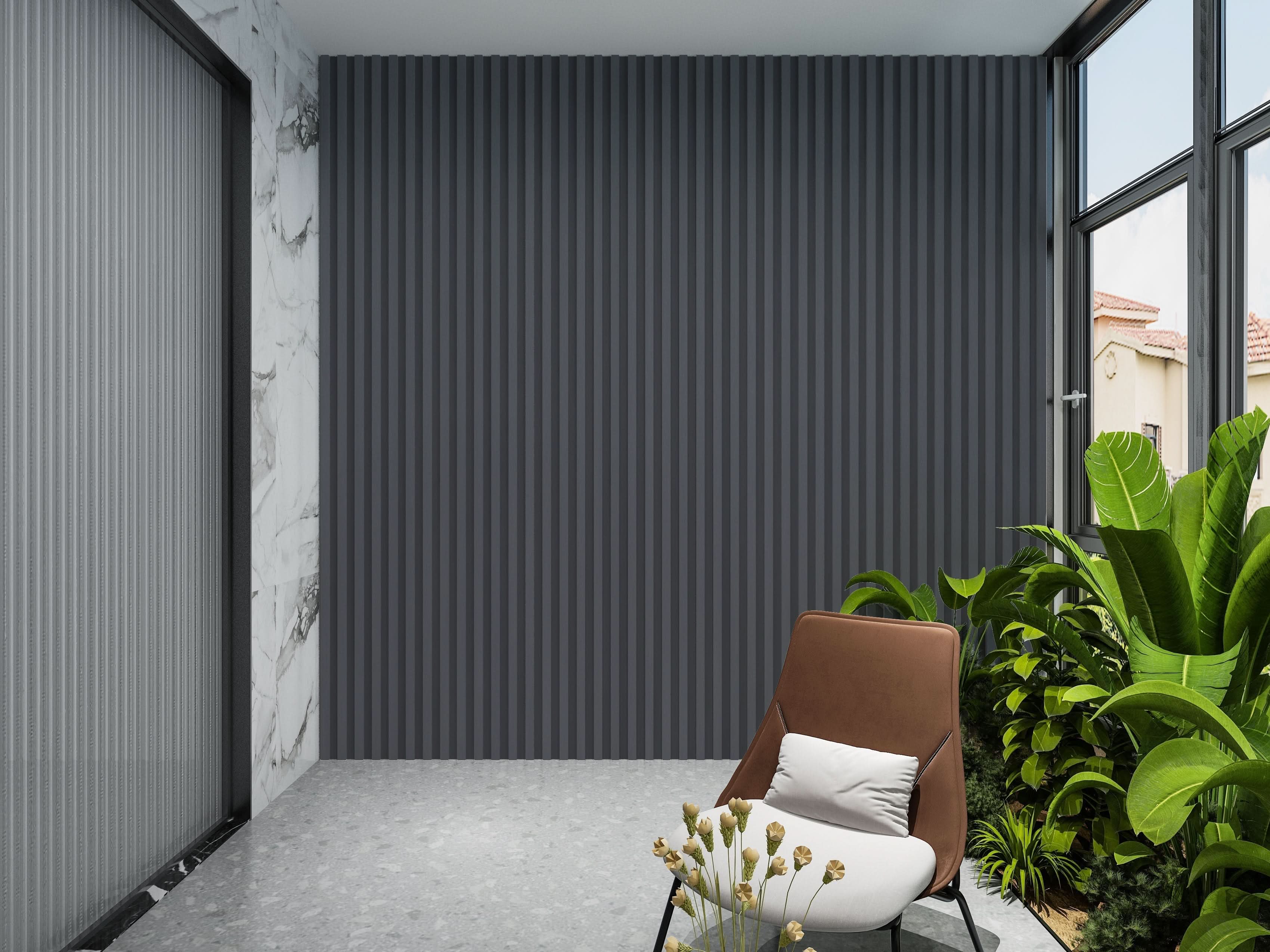 Silver Gray Metallic WPC fluted wall panel installed as modern interior accent wall
