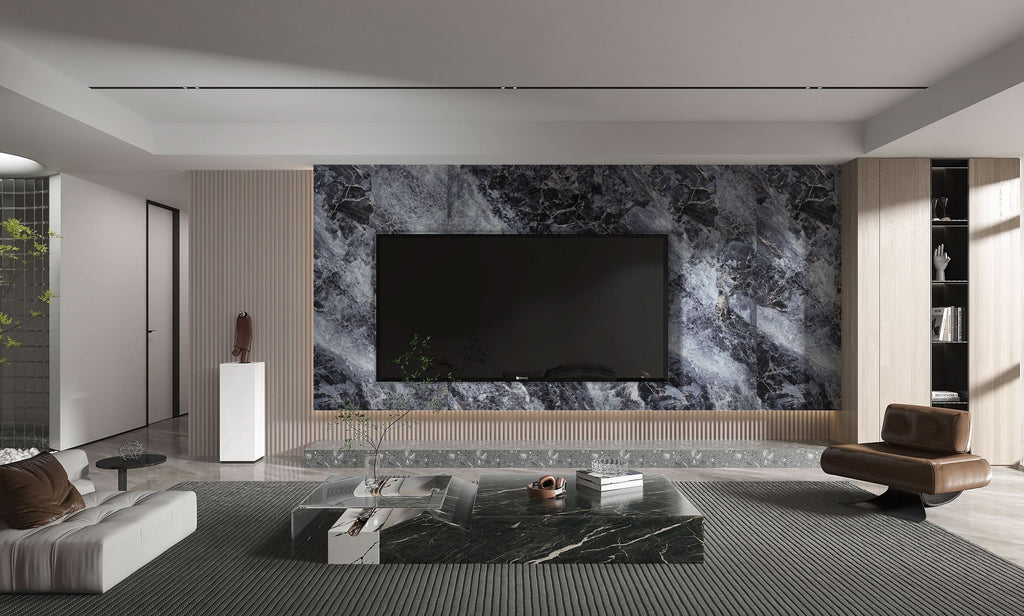Contemporary living room TV feature wall with dark grey marble wall panels