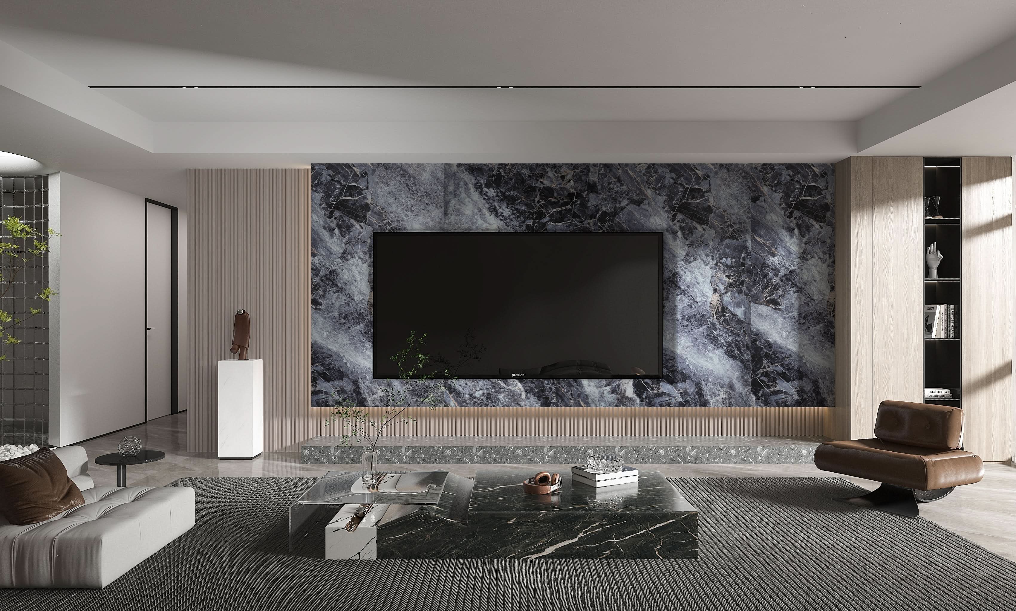 Contemporary living room TV feature wall with dark grey marble wall panels