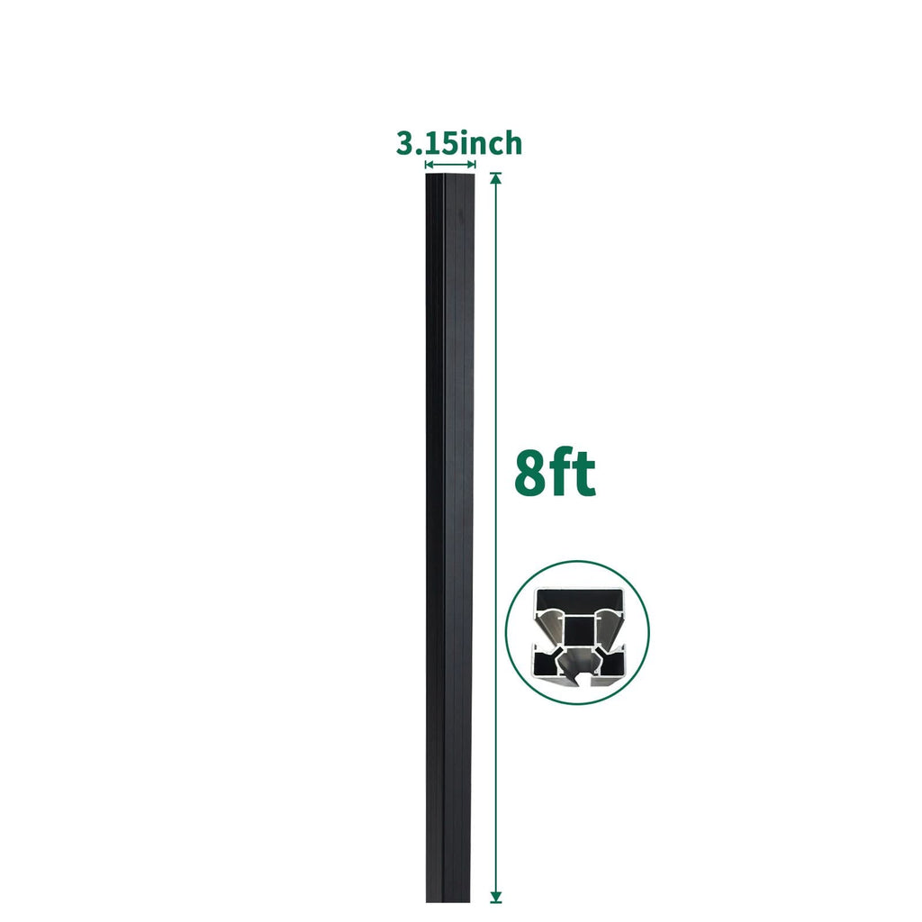 8ft black aluminum fence post with 3.15-inch width and internal multi-channel profile