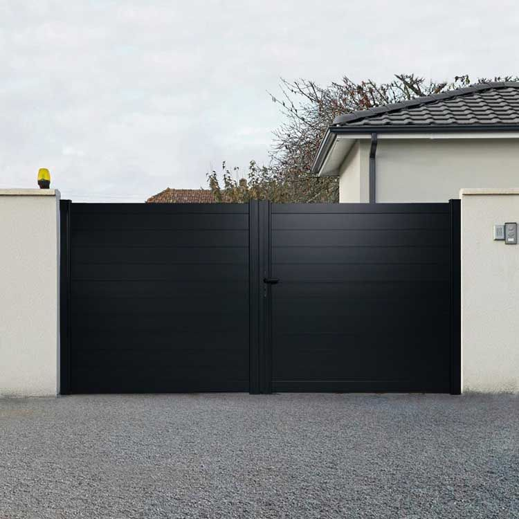 Black composite double driveway gate with horizontal slat design