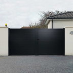 Black composite double driveway gate with horizontal slat design