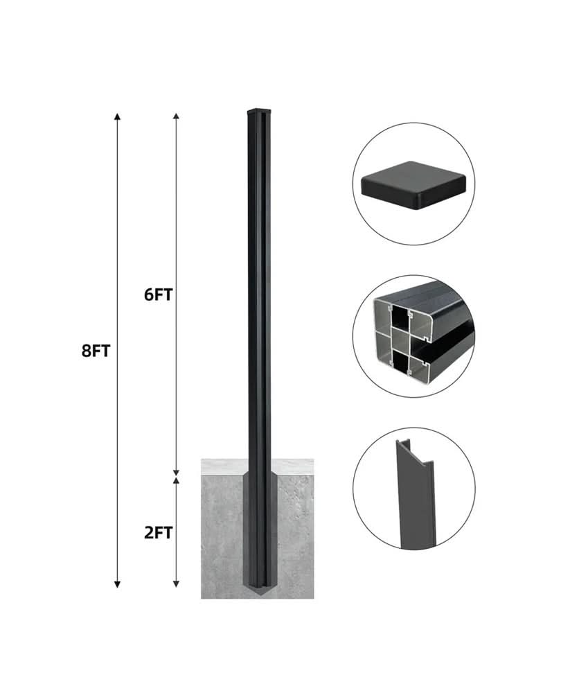 8ft black aluminum fence post with 6ft above-ground height and 2ft in-ground depth