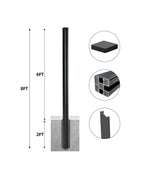 8ft black aluminum fence post with 6ft above-ground height and 2ft in-ground depth