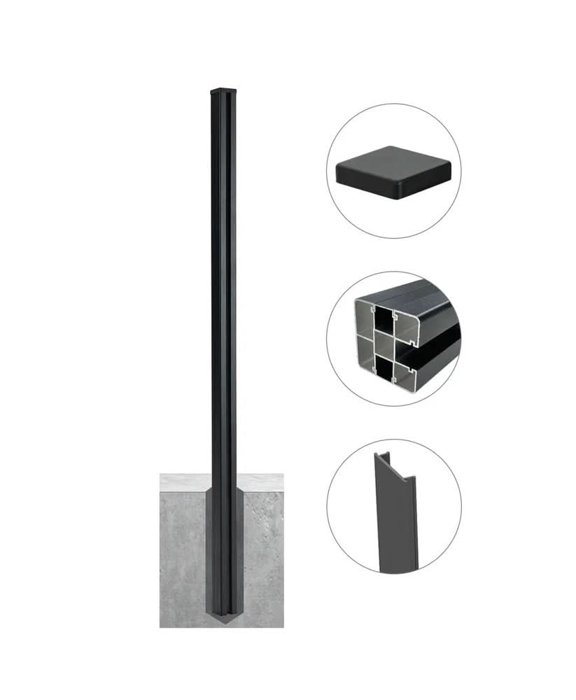 Black aluminum fence post installed in concrete with post cap and internal channel profile