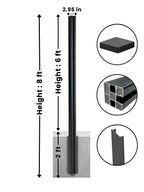 8 ft in-ground fence post dimension diagram showing 6 ft above ground, 2 ft below ground, 2.95 in width, cap and channel details