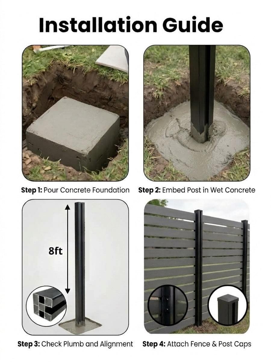 Four-step guide to setting an 8 ft inground gate post in concrete and attaching fence panels and post caps