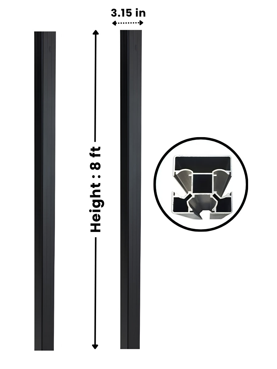 NewGen black 8 ft inground gate post shown in two profile views with 3.15 in width and cross-section detail Main image