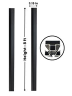 Black 8 ft inground gate post shown in two views with 3.15-inch width and profile cross-section