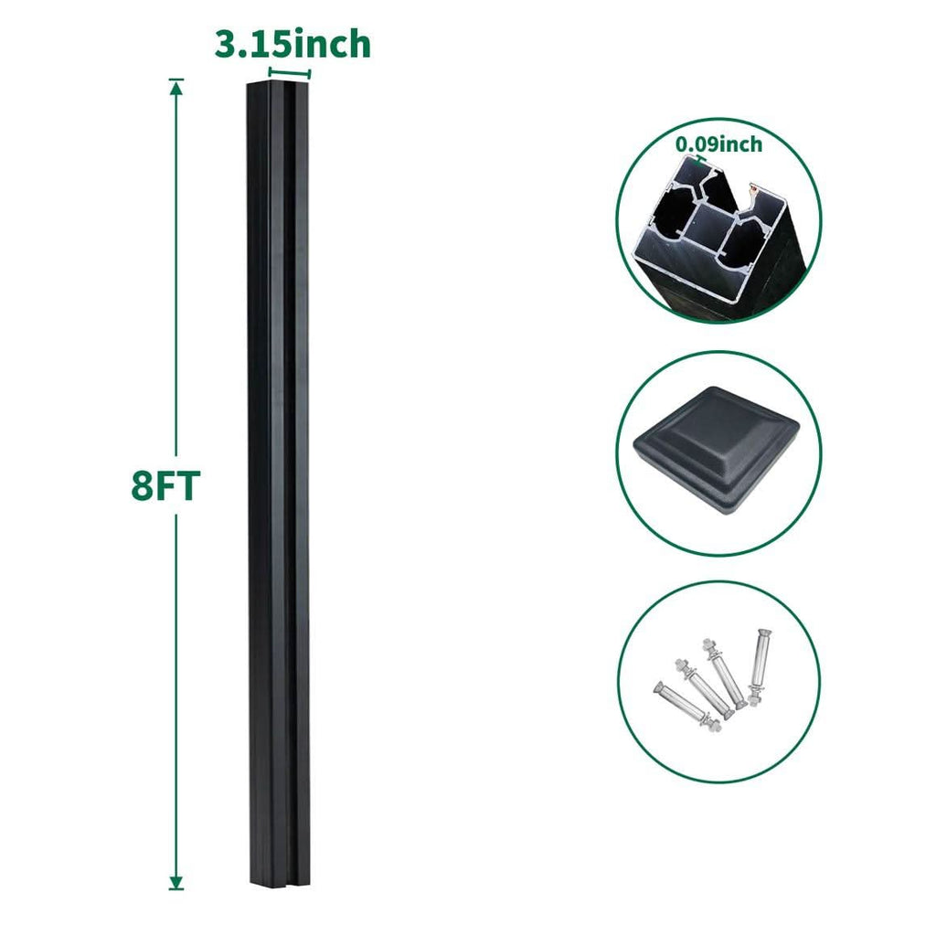 8ft black aluminum gate post with 3.15-inch width