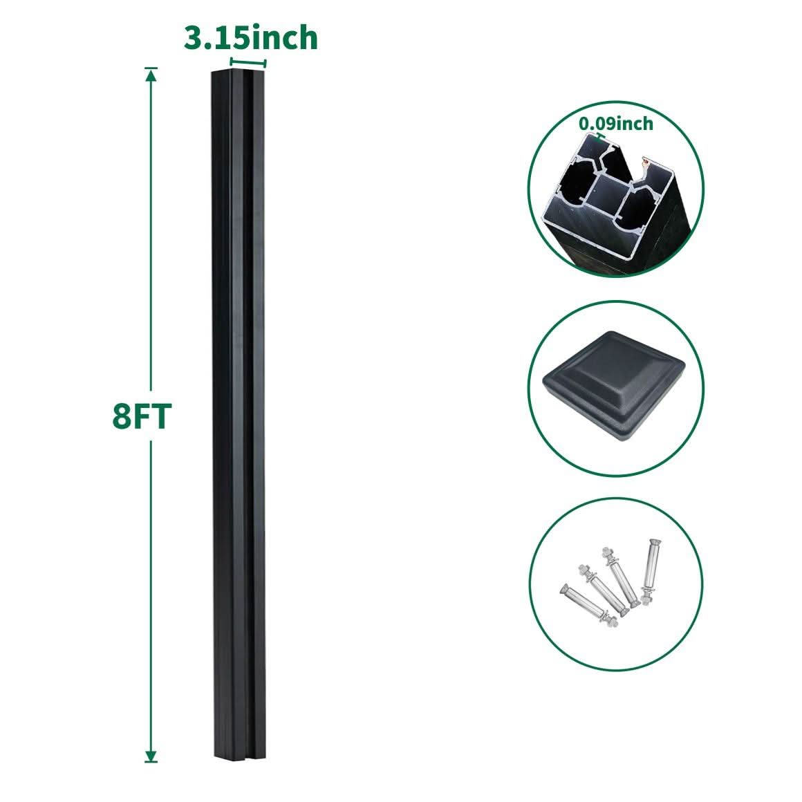 8ft black aluminum gate post with 3.15-inch width