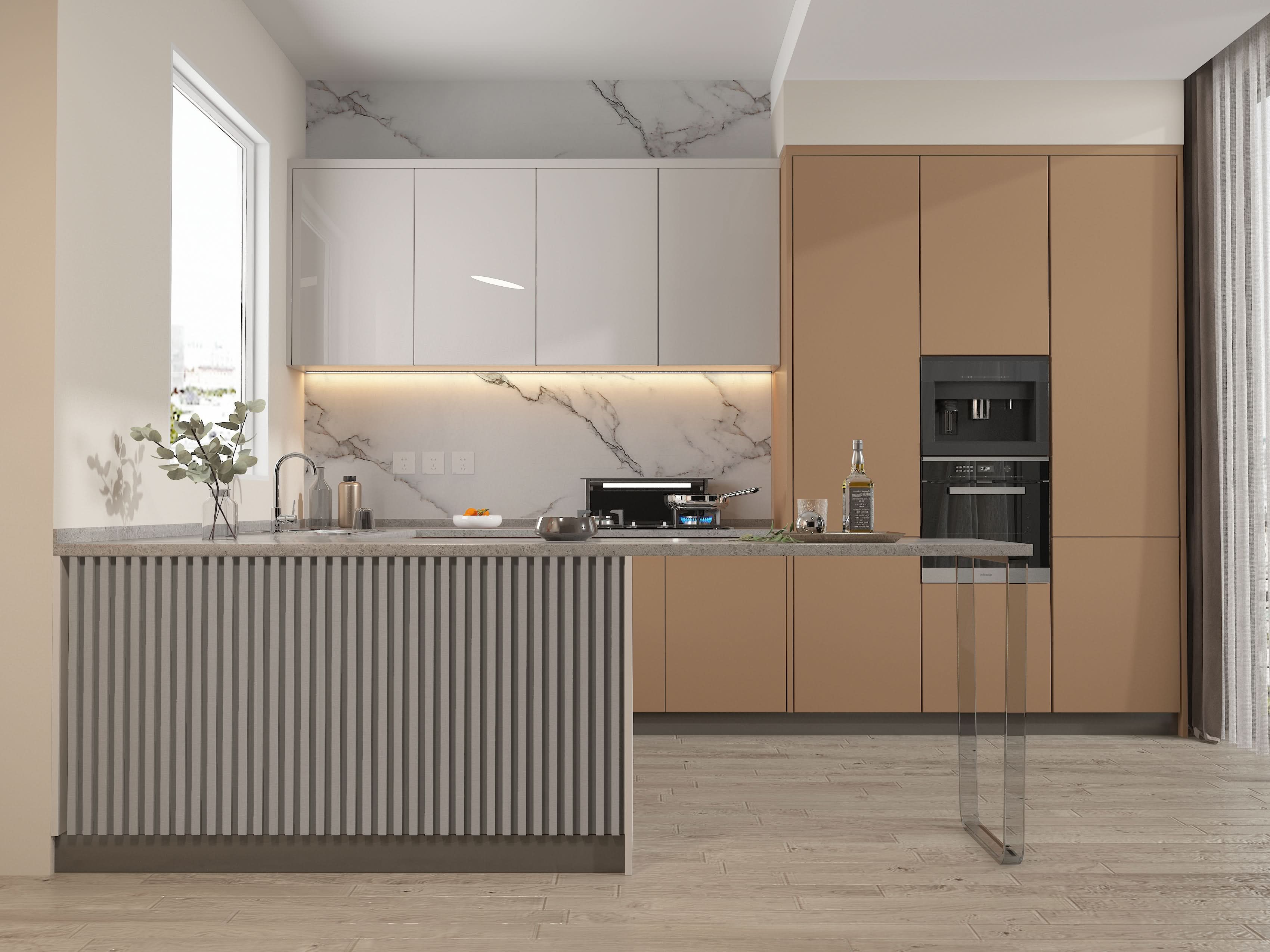 3D deep veins PVC marble sheet installed in modern kitchen backsplash with seamless marble finish