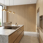 Modern kitchen with natural oak acoustic slat wall panel