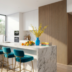 Modern kitchen with light oak acoustic slat wall panel feature wall