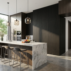 Black Acoustic Slat Wall Panels Installed in Modern Luxury Kitchen with Feature Wall Design
