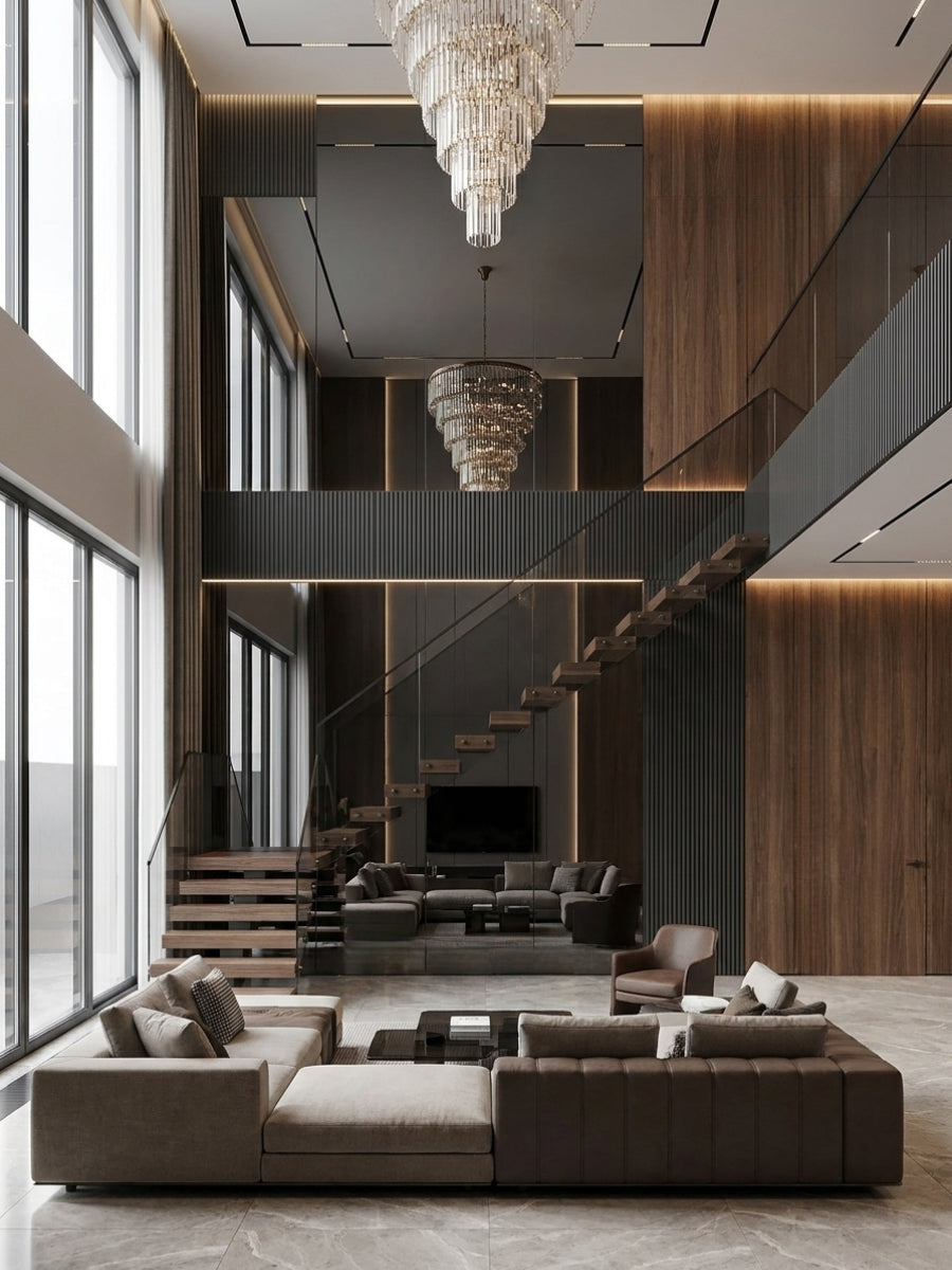 Black mirror and wood veneer wall panels installed throughout a double-height luxury living room with staircase