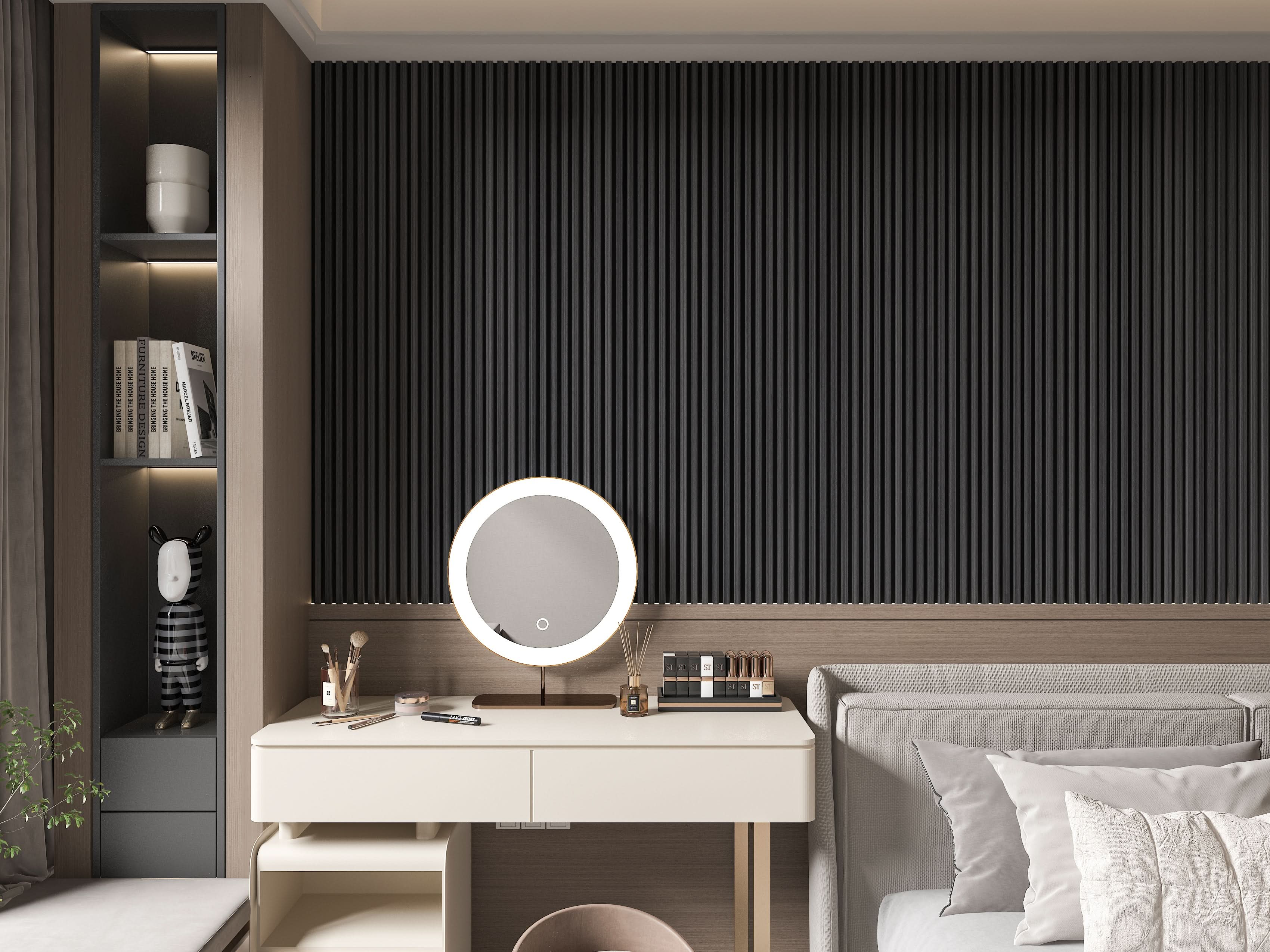 Bedroom accent wall with black timber WPC fluted 3D wall panels and vanity area