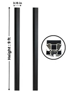 Black 9ft inground gate post shown from two sides with 3.15-inch width and cross-section detail