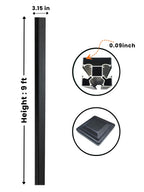 Black 9ft inground gate post with 3.15-inch width, 0.09-inch wall profile and square cap