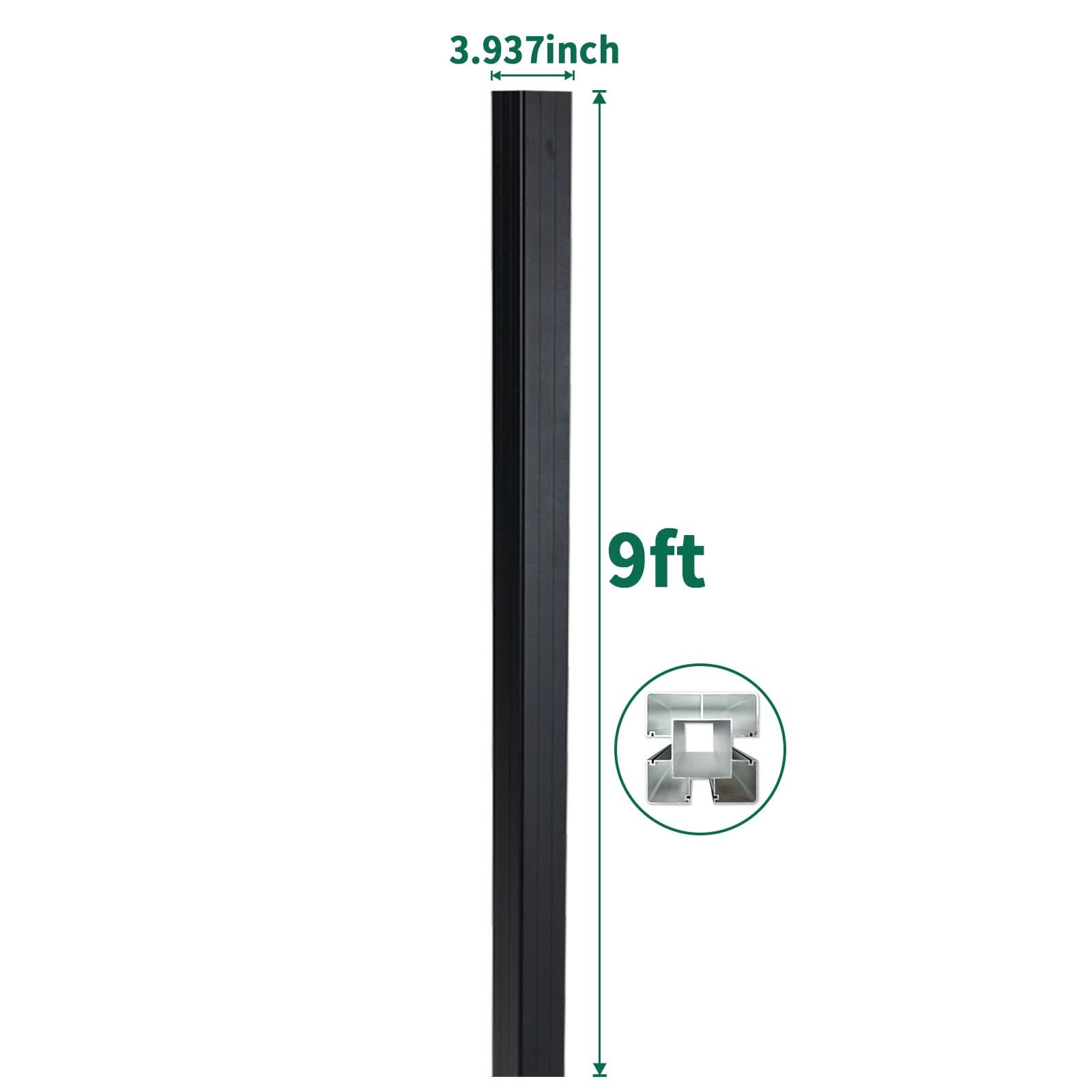 9ft black aluminum fence post with 3.937-inch width and internal channel profile Main image