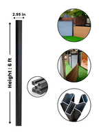 Black 6 ft adjustable angle corner post with 2.95-inch width, profile details and installed fencing examples