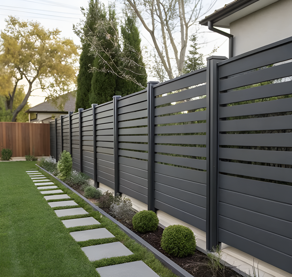 Modern gray composite horizontal fence installed along residential backyard walkway