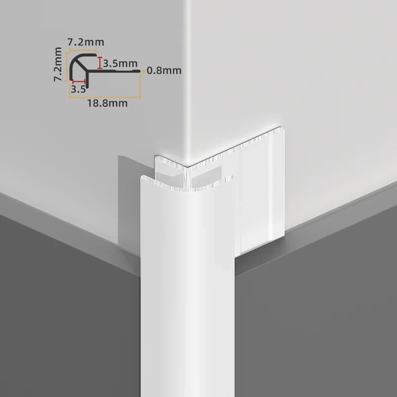 Silver rounded 3mm aluminum outside corner trim shown on wall panels with a dimension diagram