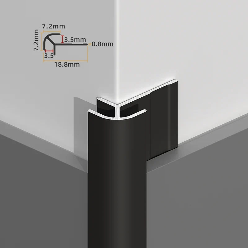 Black rounded 3mm aluminum outside corner trim installed on wall panels with profile measurements