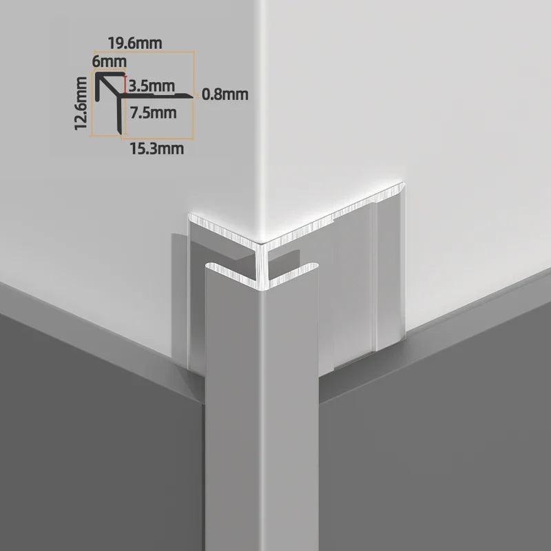 Silver sharp-edge 3mm aluminum outside corner trim on wall panels with a dimension diagram