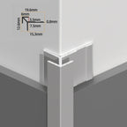 Silver sharp-edge 3mm aluminum outside corner trim on wall panels with a dimension diagram