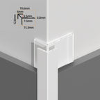 Silver sharp-edge aluminum outside corner trim installed on a panel corner with profile dimensions