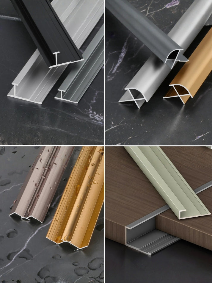Collage of aluminum wall panel trim samples in assorted profiles and finishes Main image