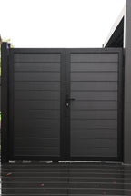Black aluminum double privacy fence gate with horizontal panels and modern design