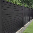 Black composite horizontal slat privacy fence installed on residential property