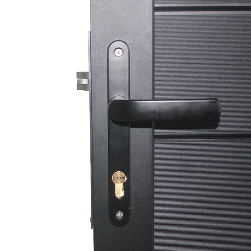 Black aluminum fence gate handle and lock hardware detail