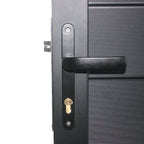 Black aluminum fence gate handle and lock hardware detail