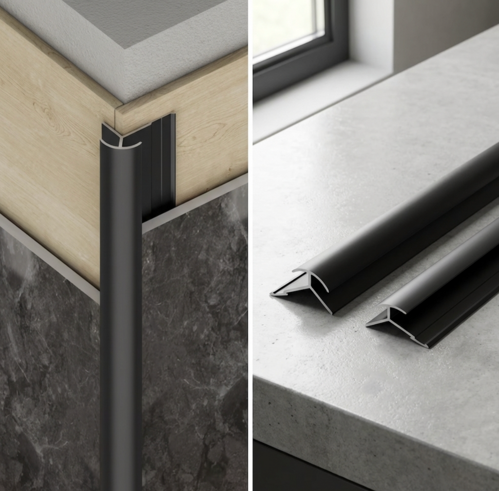 Black round outside corner trim installed between wood- and stone-look panels, with loose trim profiles beside it